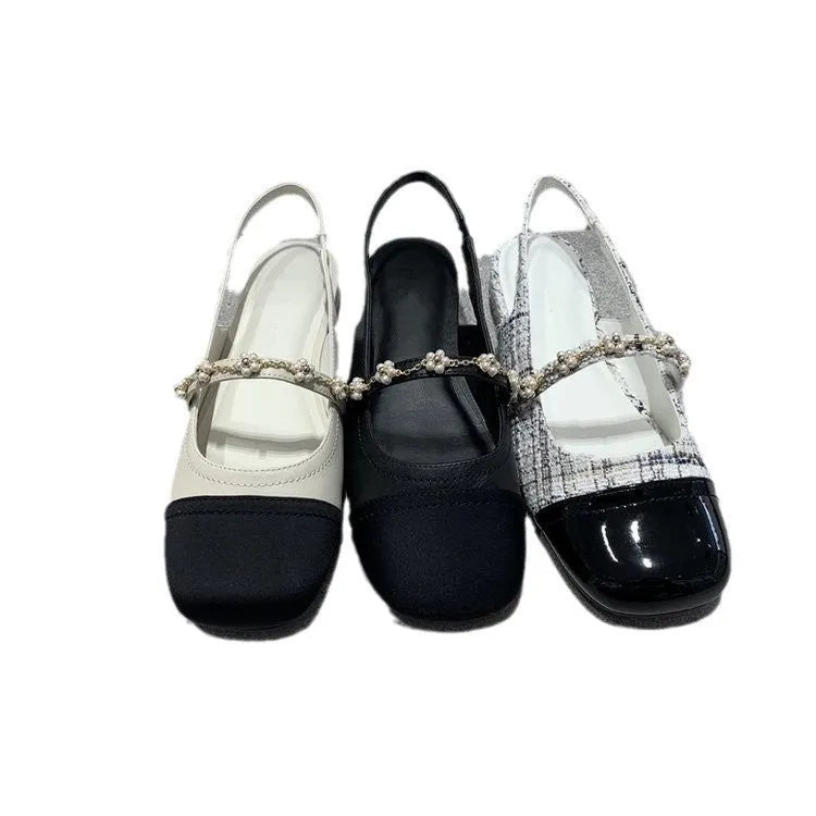 New flower square head elastic band shallow mouth flat bottom fashion shoes for women in beige with patent leather upper and rubber sole