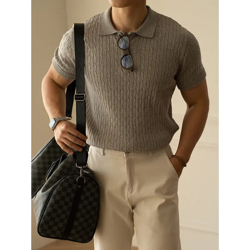 Men's khaki business commute short sleeve top showing Asian sizing options and fabric composition details