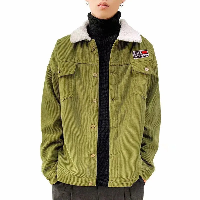 Men's loose fit corduroy work jacket in khaki, green, or black with a stick pocket.