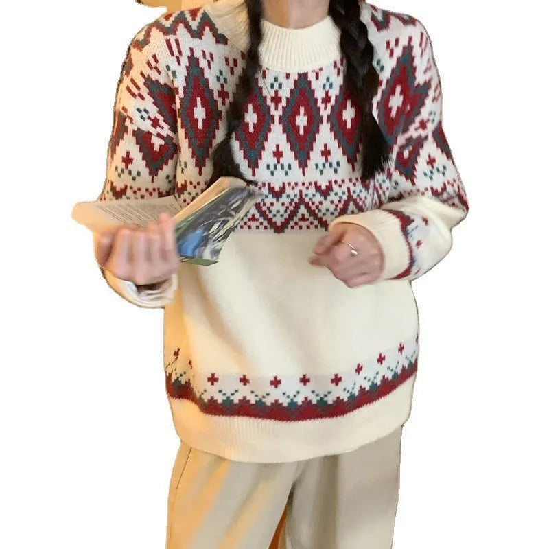 White and red striped loose fit retro knitted pullover top with long sleeves