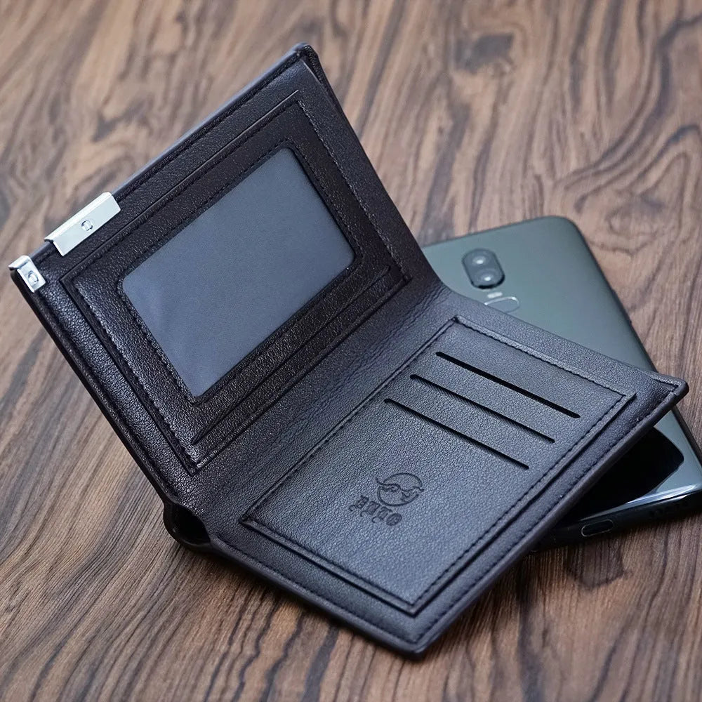Leather men's wallet with zip closure, shown individually packaged.