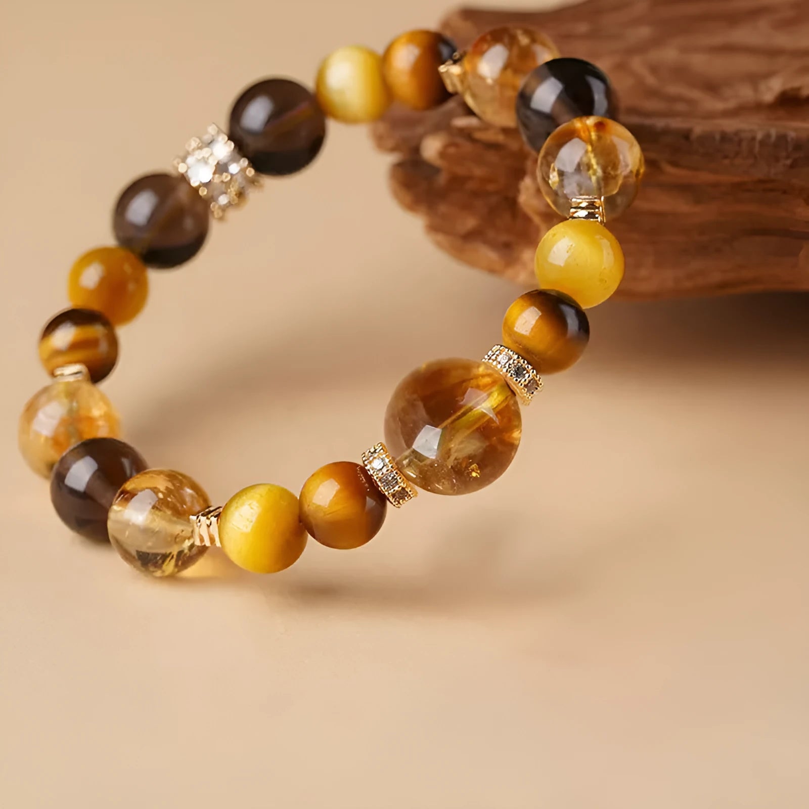 Yellow tiger-eye crystal bracelet with geometric tower pattern in 10mm and 12mm size options