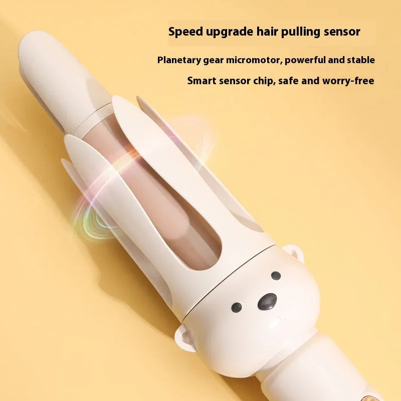 Beige anion automatic hair curler with styling stick on white background