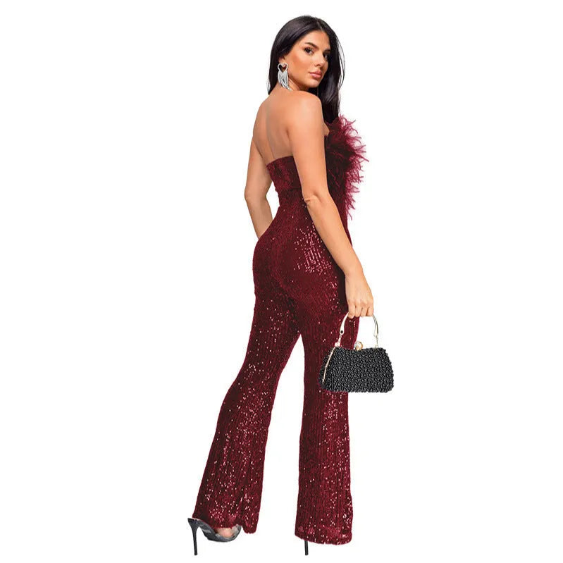 Women's sleeveless backless jumpsuit with flared legs in various colours