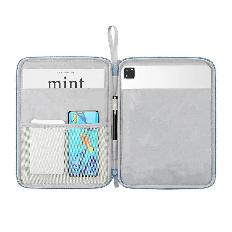 Imitation leather tablet protective case with fabric lining in black, light grey, pink and sky blue colours