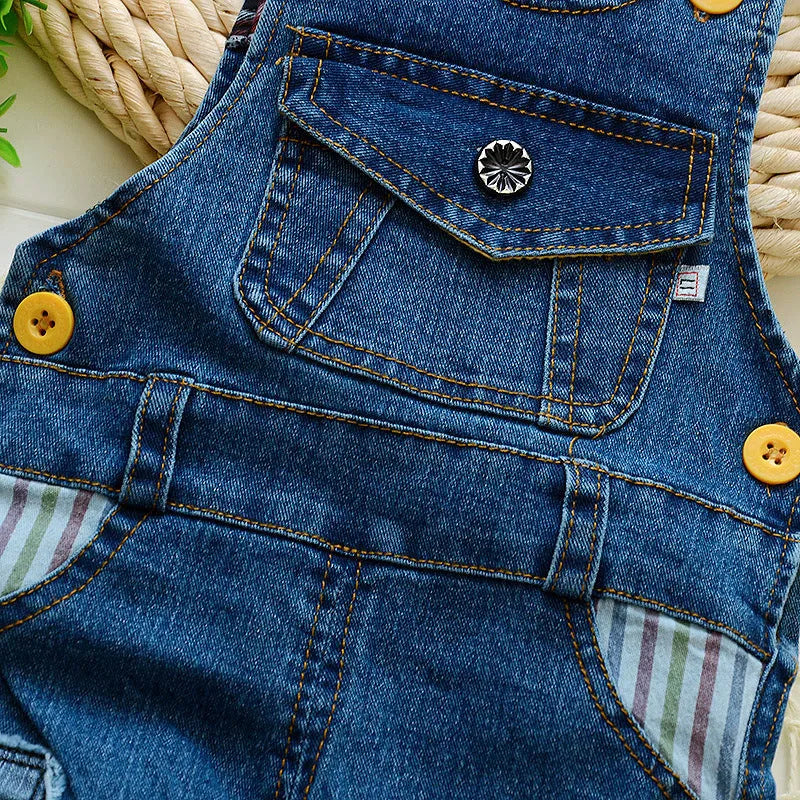 Blue dog print cotton blend kids strap jeans with suspender for boys and girls