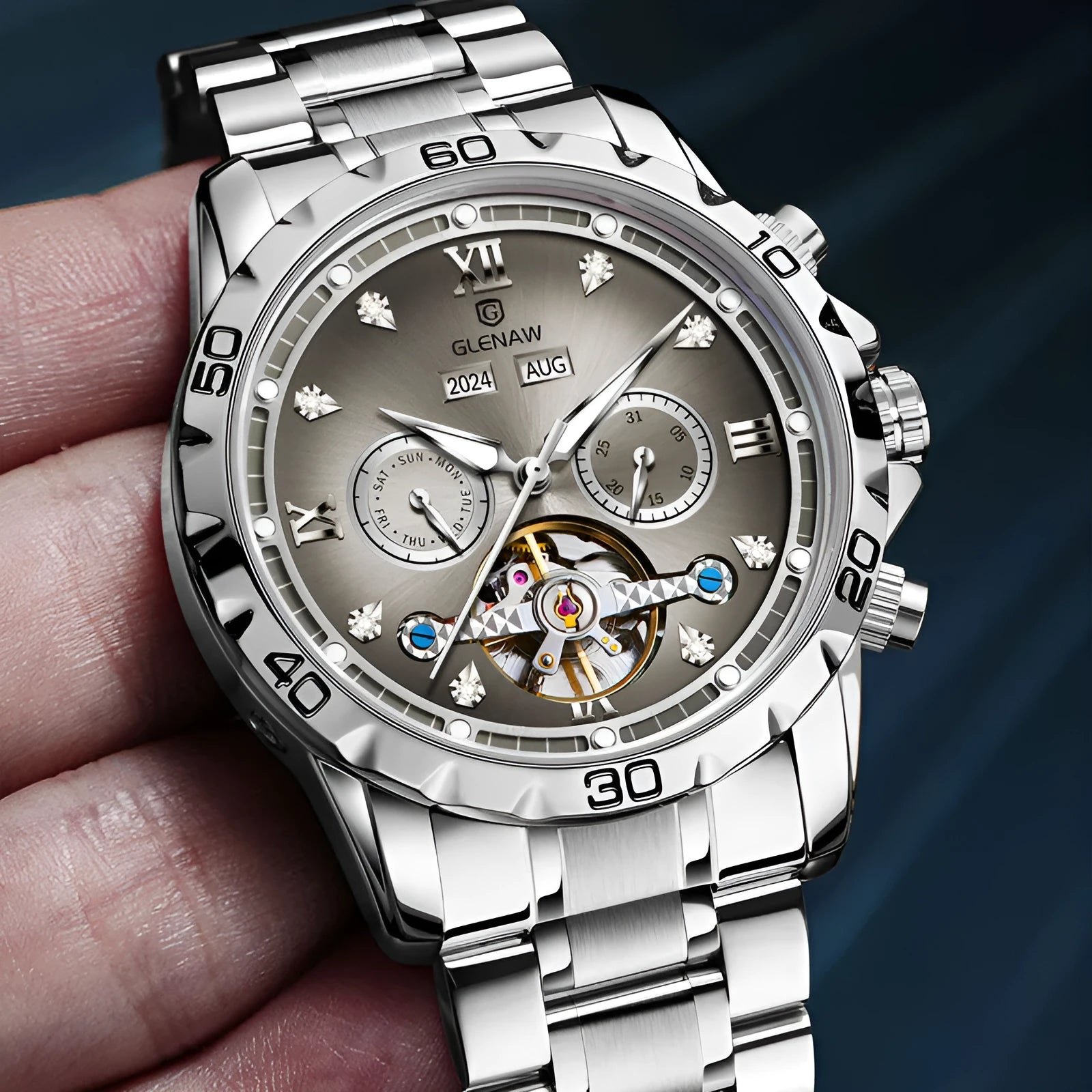 Men's automatic mechanical watch with stainless steel strap and mineral glass face in business style