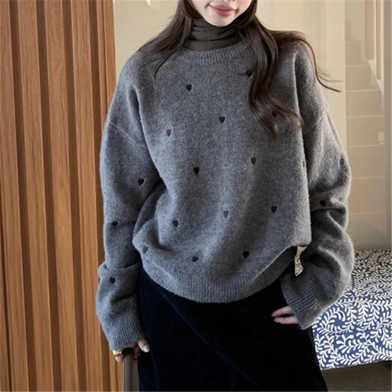 Women's acrylic pullover sweater with love embroidery in milk white colour, loose fit crew neck design