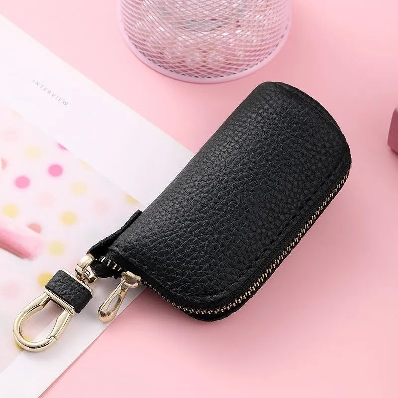 Minimalist black PU leather zipper key case for men with waterproof properties