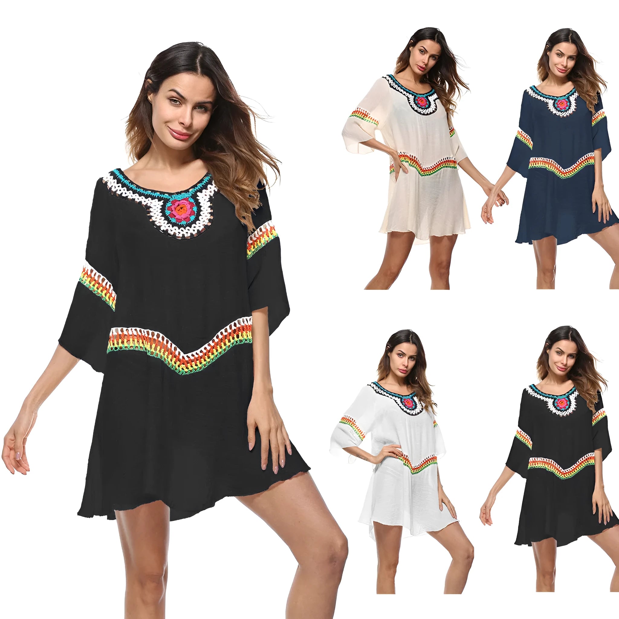 Crocheted ethnic style white polyester sun protection clothing for women on a beach