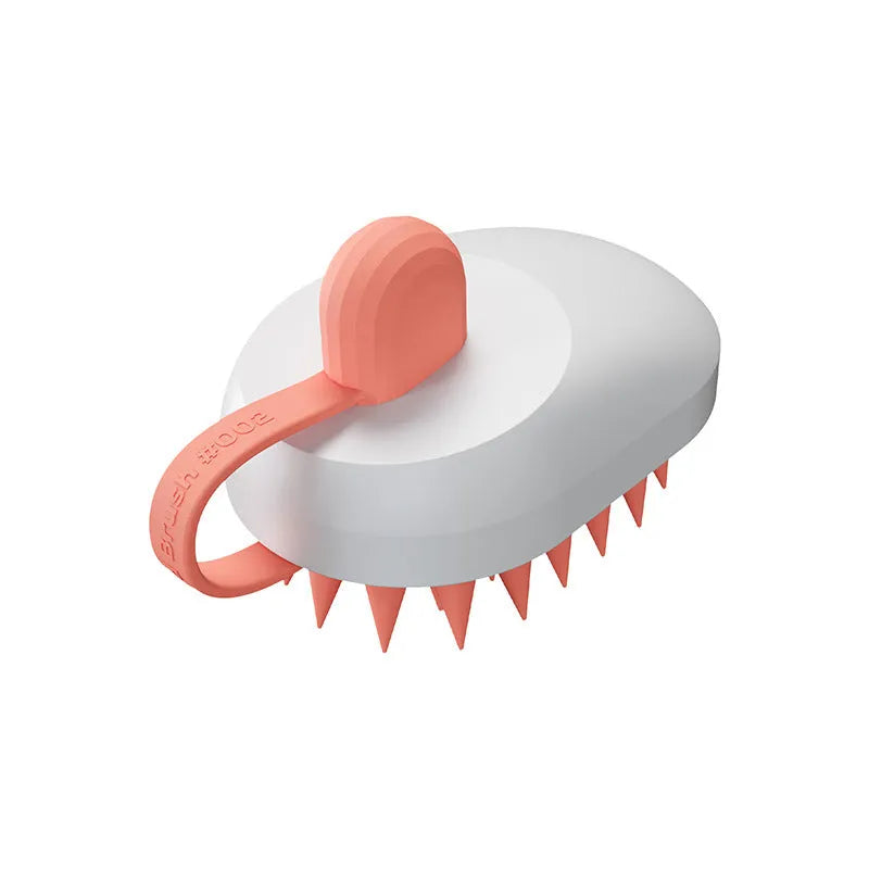 Handheld silicone dog bath brush with soft TPR massage bristles for hair removal during washing.
