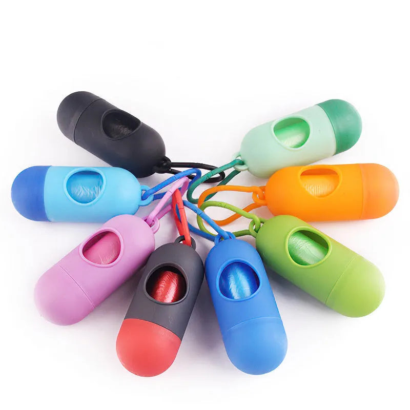 Compact dog waste bag dispenser with clip hook showing Velcro fastening for securing waste bag rolls
