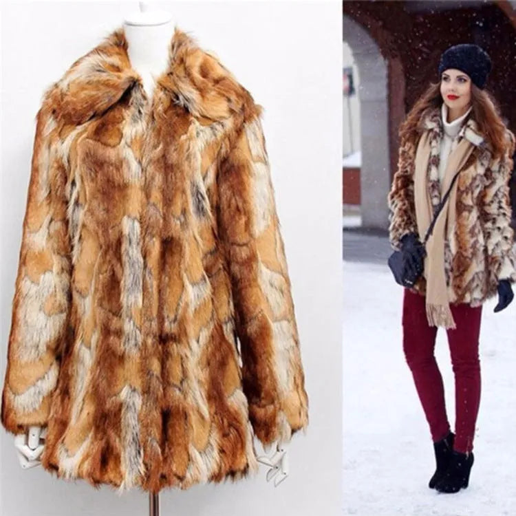 Women's tiger print faux fur leather jacket with regular sleeves and a mid-length 65cm fit.