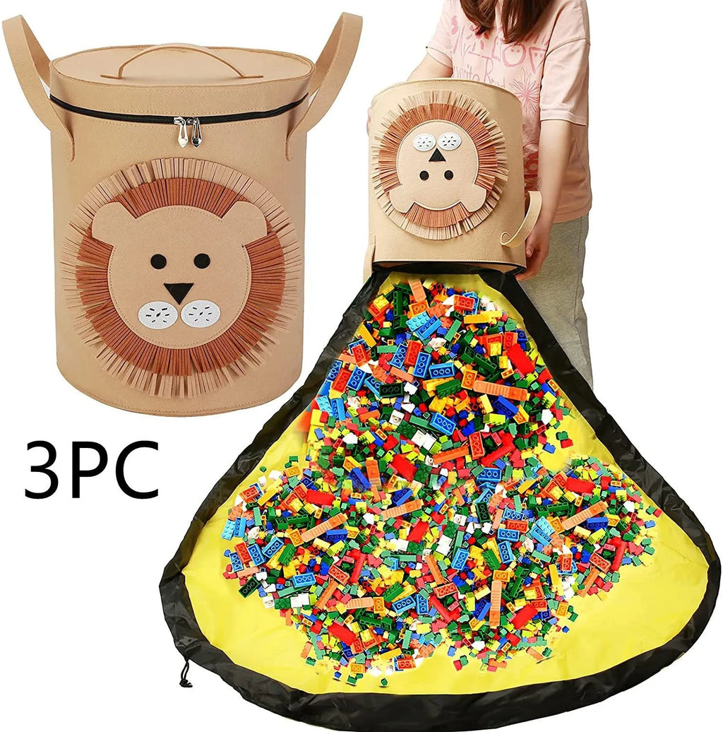 Green felt cube storage bag with pull rope closure lying flat as a play mat.