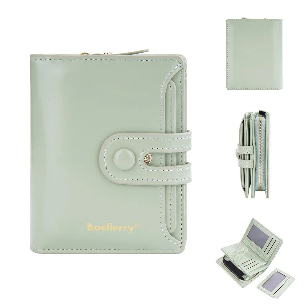 A PU leather card holder wallet for women, shown in various colours including black, white, blue, and pink.