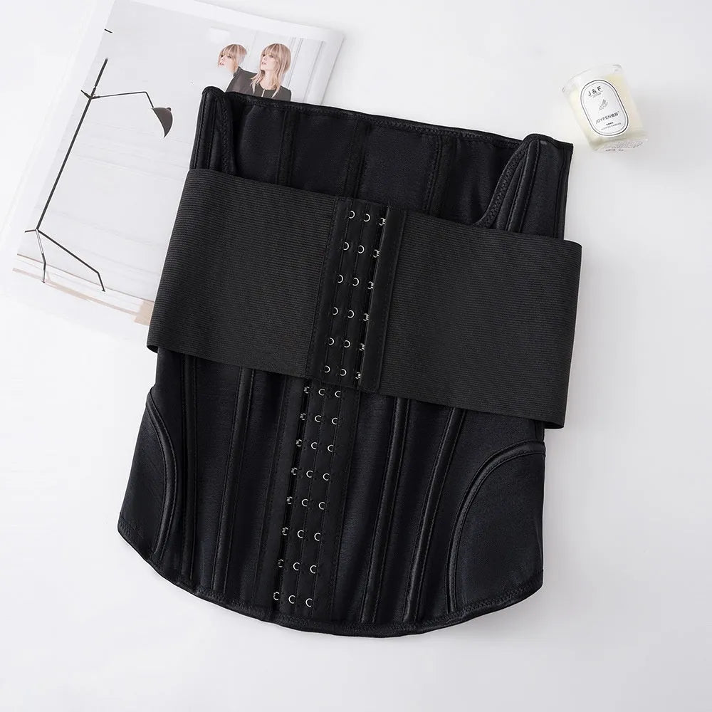 Nylon belly band waist trainer in black or apricot colour with belt tie adjustment