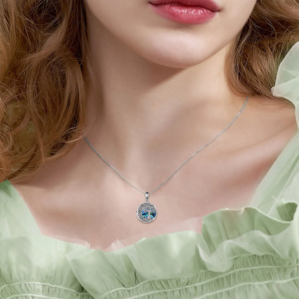 Sterling silver Tree of Life urn necklace with abalone shell stone on 18 inch chain, white gold plated finish