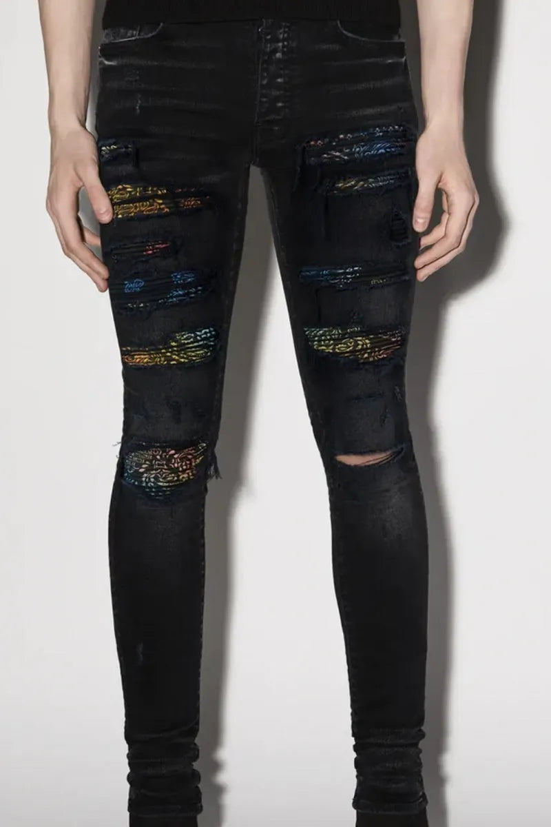 Men's simple print patch tattered black stretch jeans