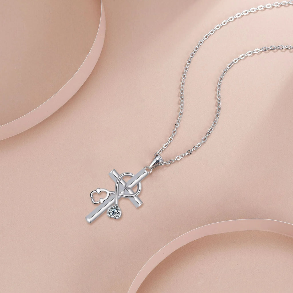 Cross stethoscope necklace with copper pendant on cross chain for women