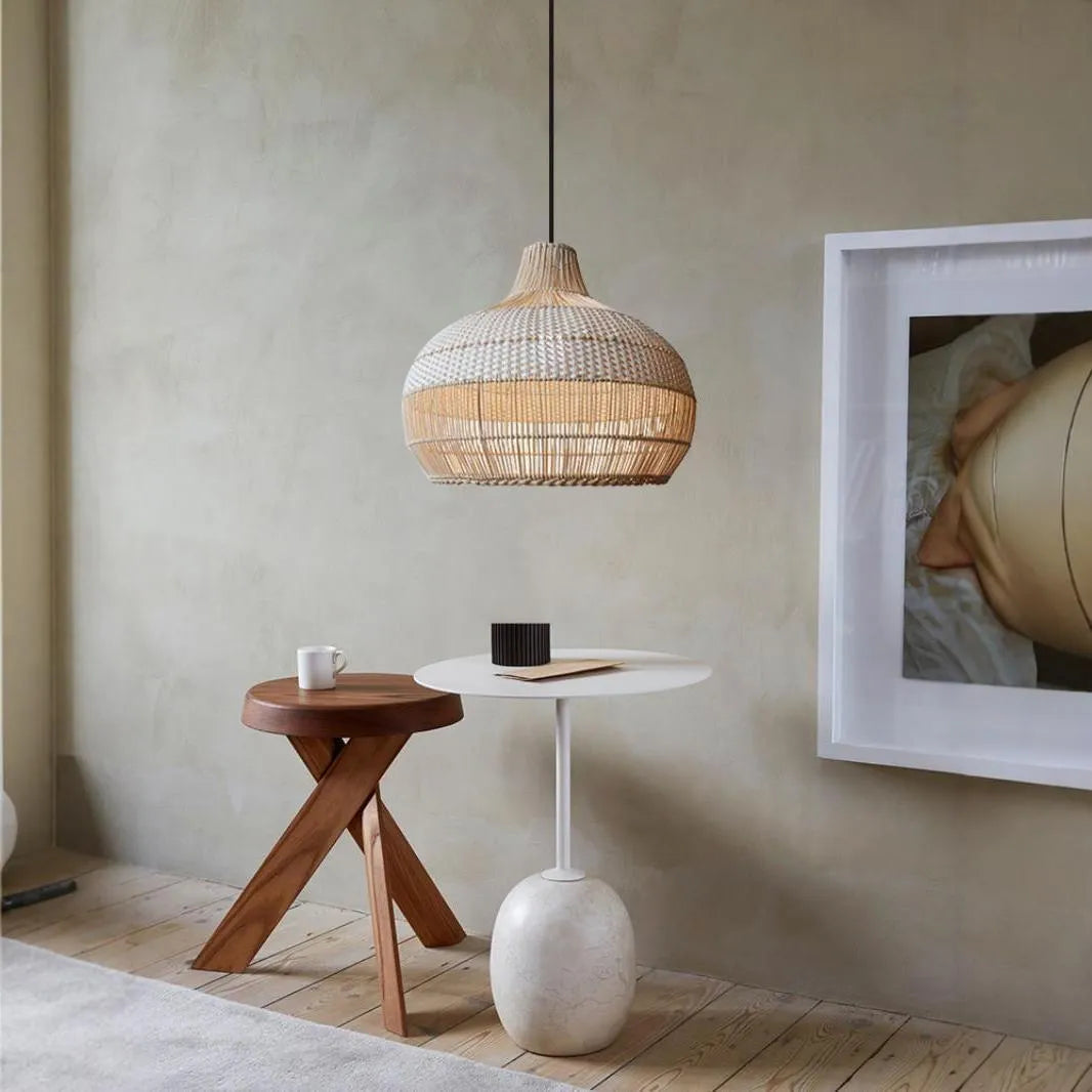 Woven rattan chandelier light fixture with a 60cm diameter in a pastoral Southeast Asian style.