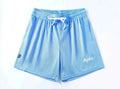 Men's double-layer mesh shorts in sports purple, showing the textured fabric and sporty design.