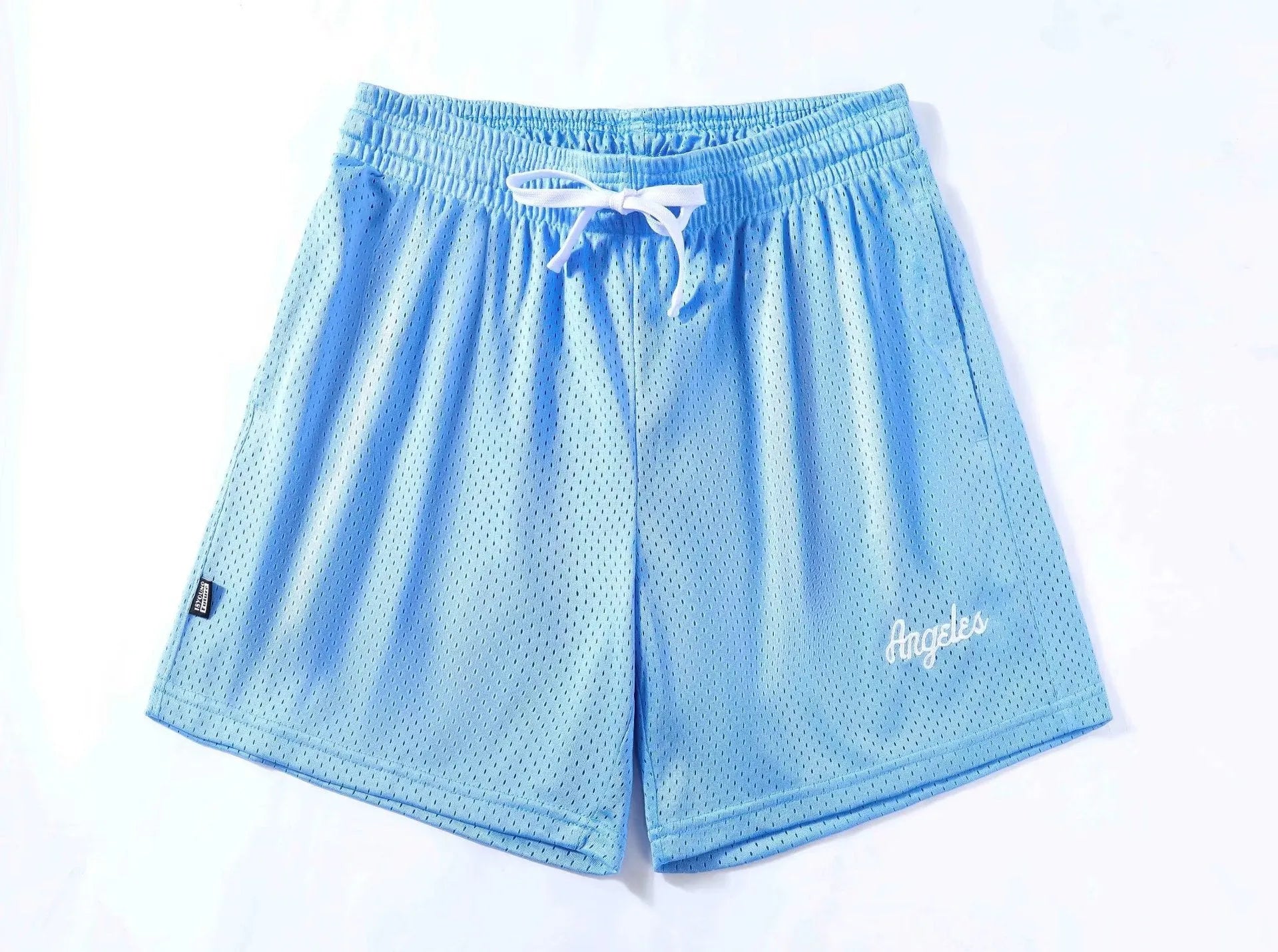 Men's double-layer mesh shorts in sports purple, showing the textured fabric and sporty design.