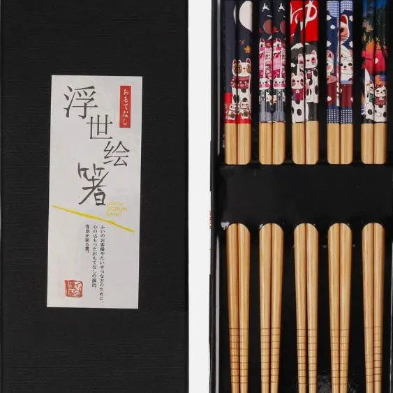 Japanese style bamboo chopsticks set with cartoon pattern, available in lucky cat or blue designs