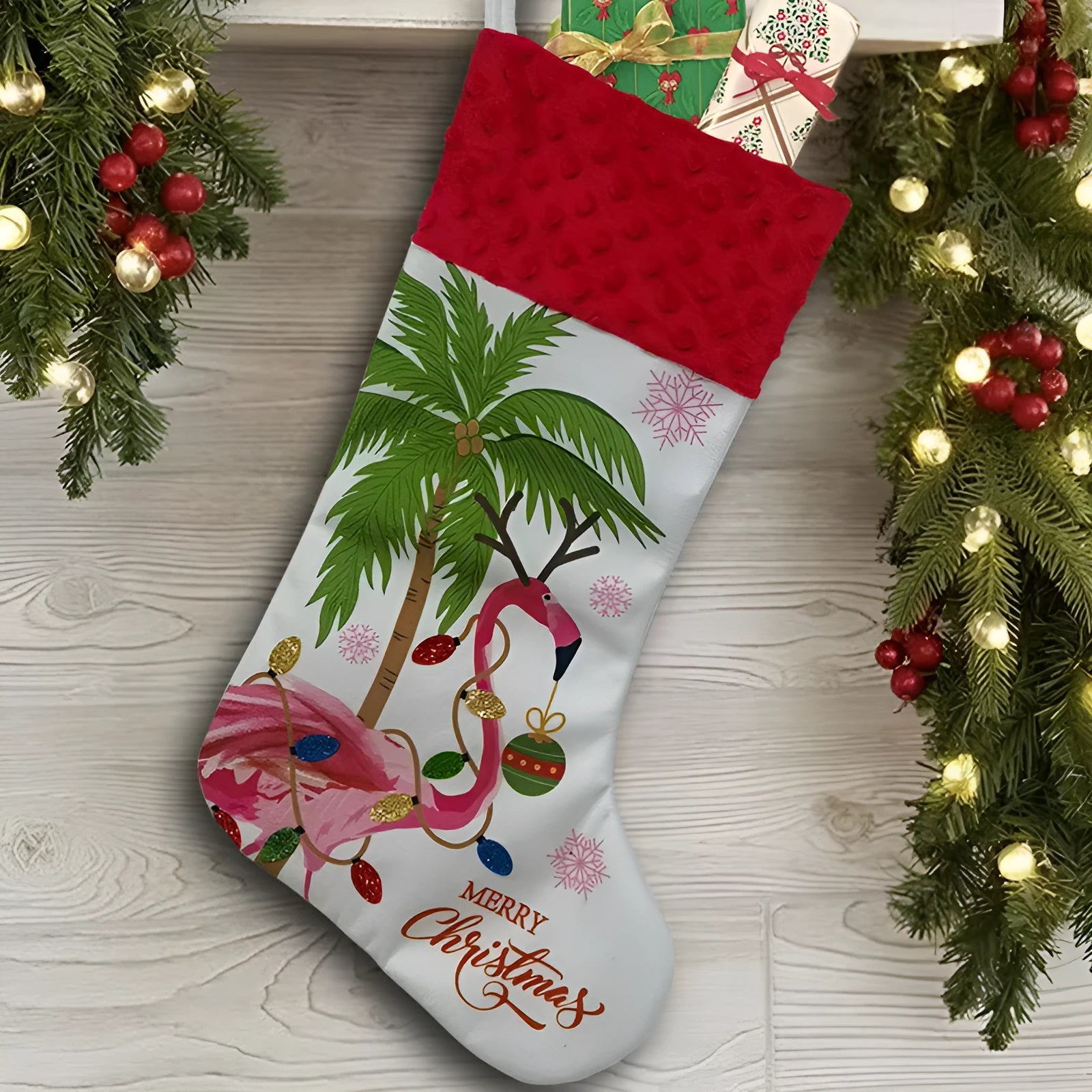 Flamingo Christmas stocking decoration in cloth material measuring 46 by 28 centimetres