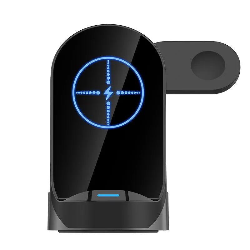 Black and grey foldable 3-in-1 wireless charging vertical stand for phone, watch and earbuds.