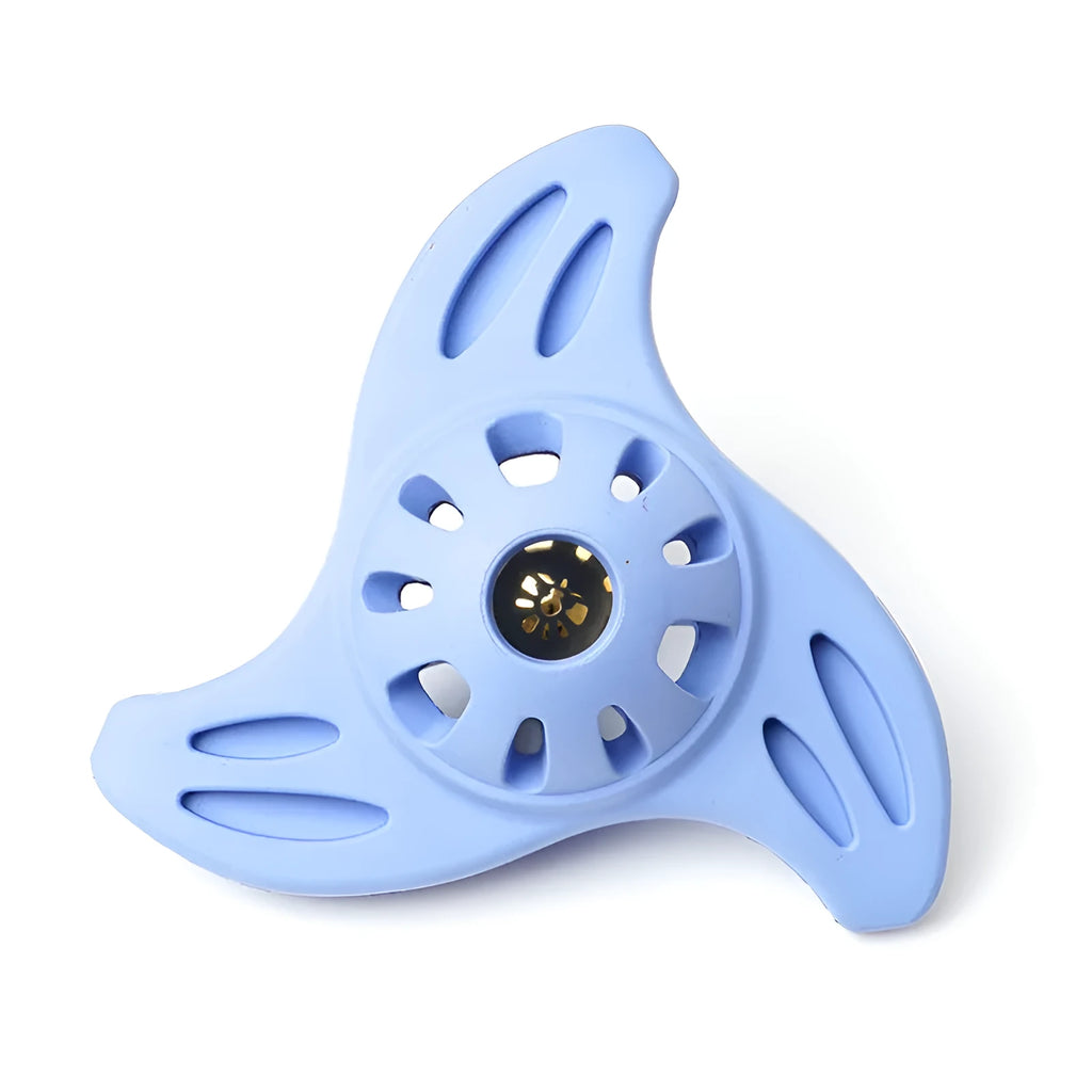 Blue boomerang-shaped dog chew toy with multiple edges for medium and large breed dogs