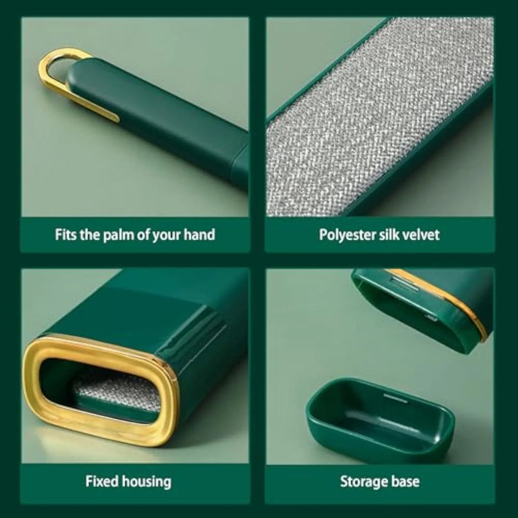 Blue, green, and white pet hair remover brush with double-sided head and storage base.