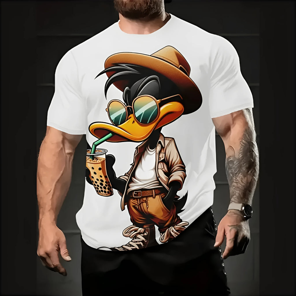 Man wearing a loose-fit short sleeve shirt with a colourful 3D cartoon print.