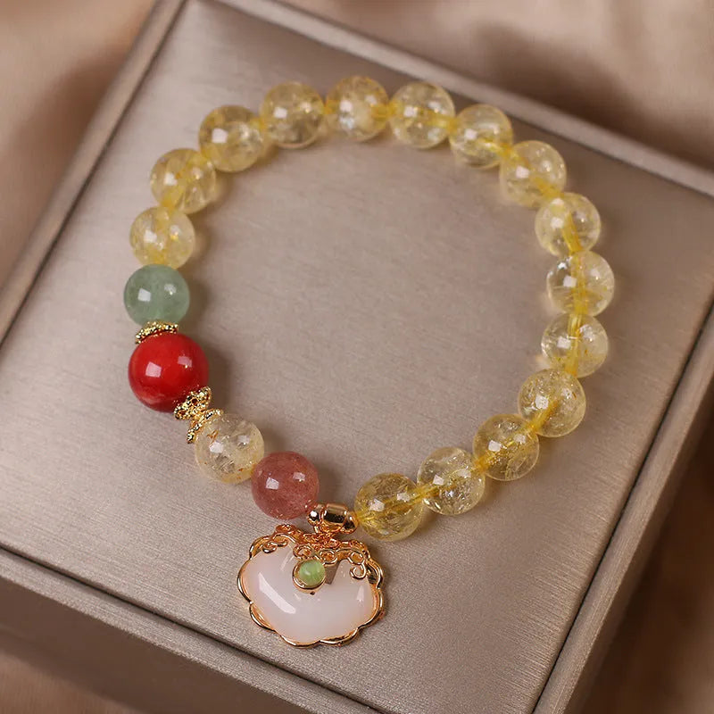 Yellow hair crystal jade ruyi pendant bracelet with natural citrine stones in alloy setting