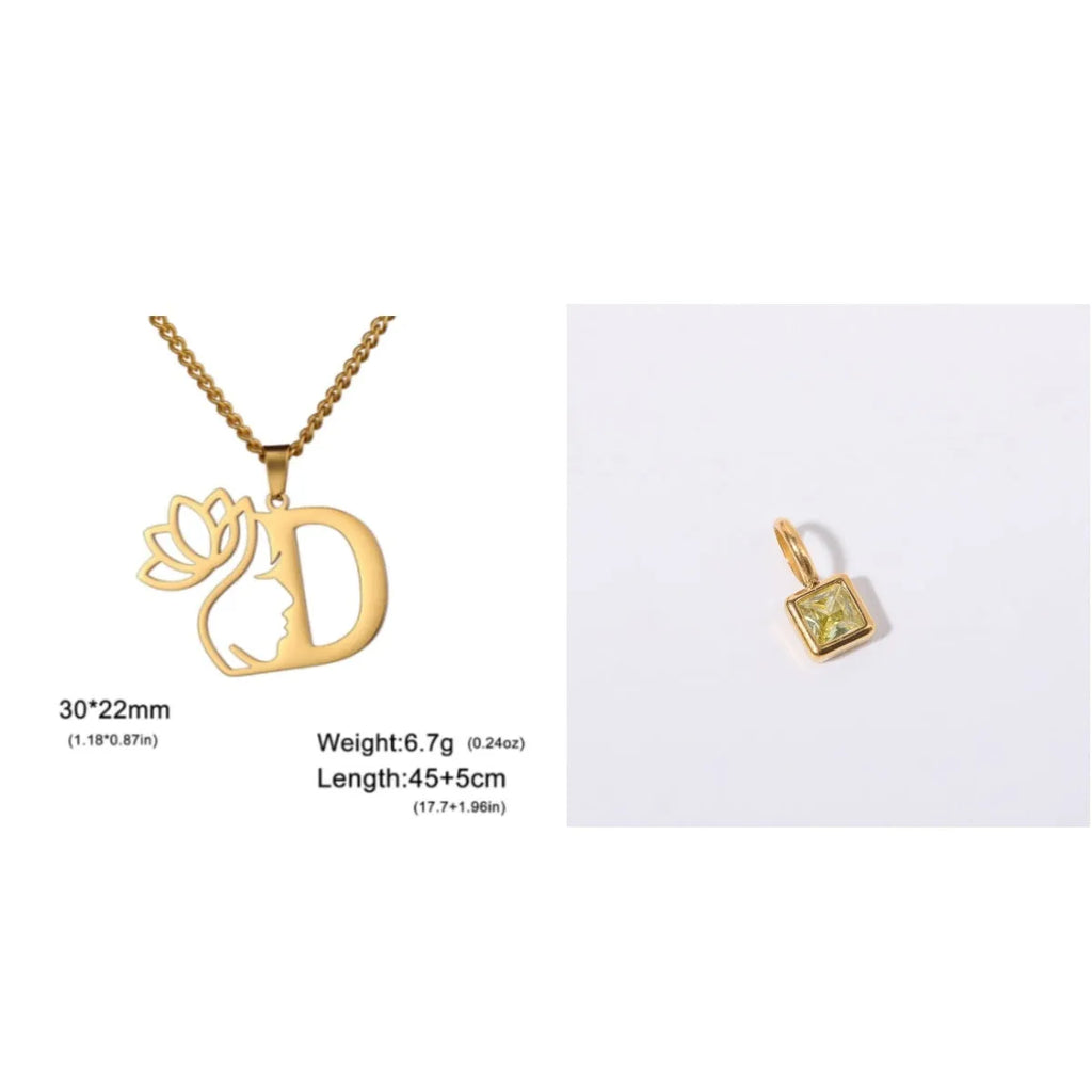 Stainless steel necklace with cross chain design and letter pendant in gold or silver electroplated finish