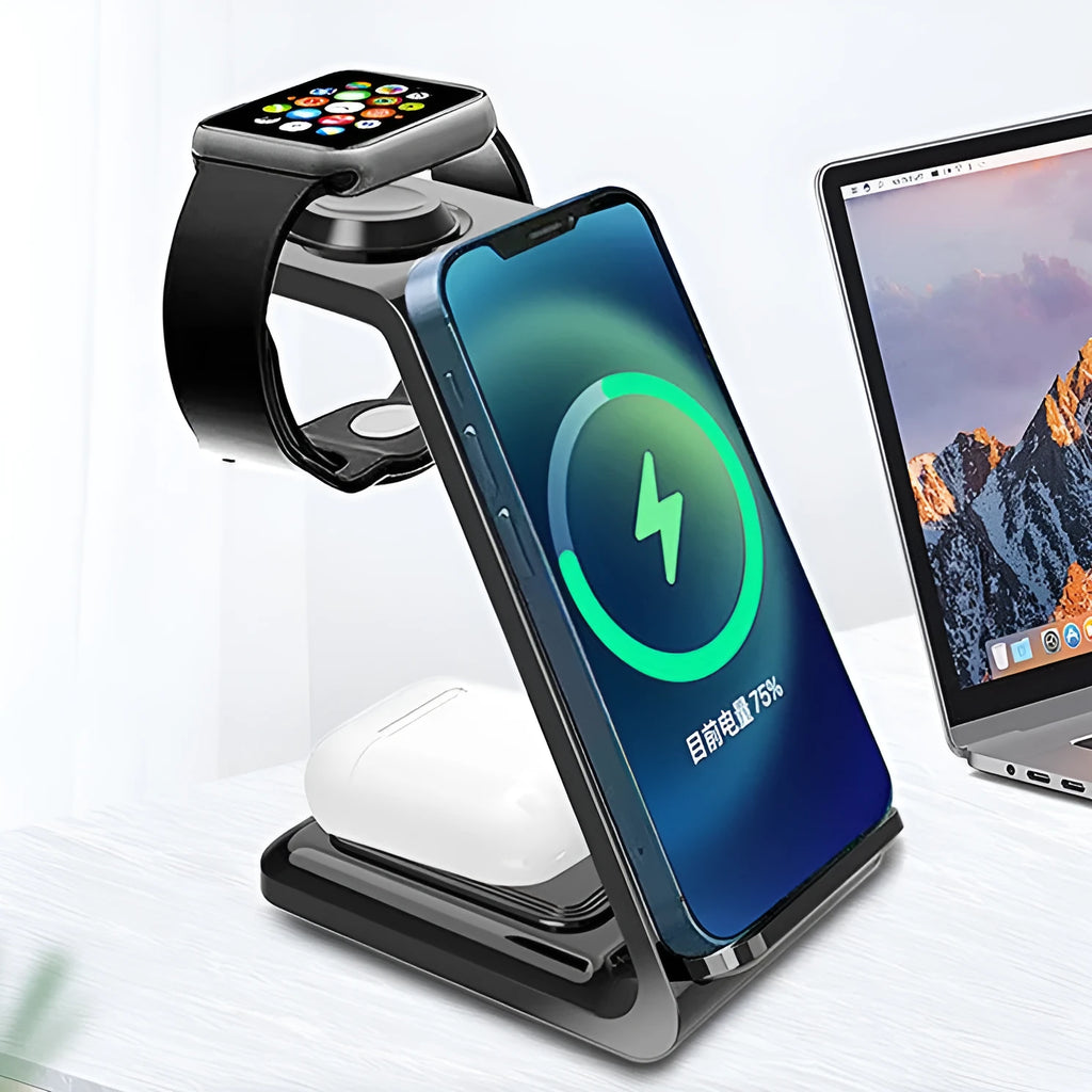 White 3-in-1 wireless charger stand with upright phone holder and dual-coil charging pad