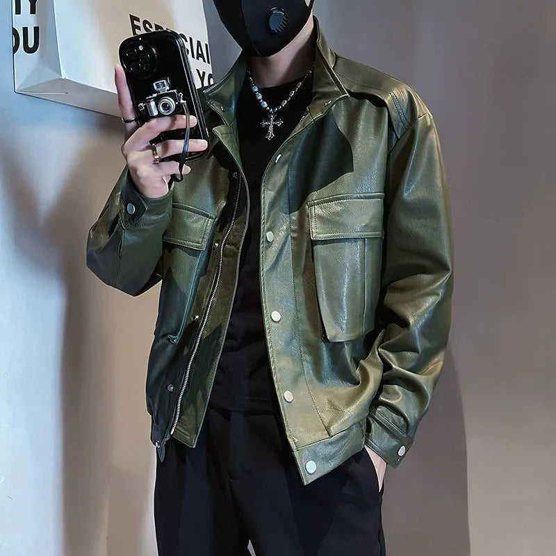 Men's black PU leather pilot jacket with Korean styling and side seam pockets