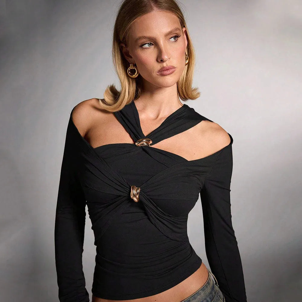Black women's halter top with slim fit, 40cm length, and long sleeves