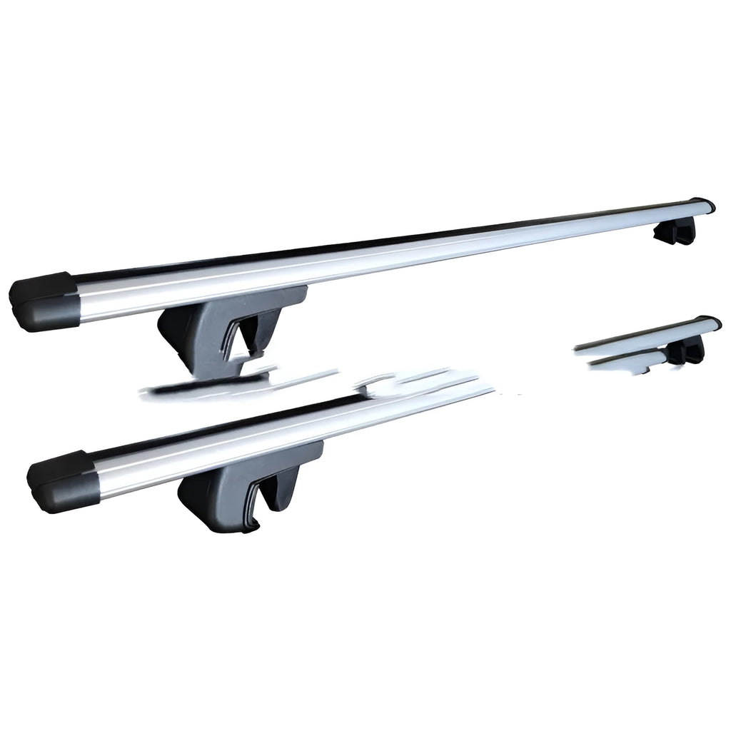 Two silver alloy roof rack crossbars for a General Motors SUV, shown adjusted to full length.