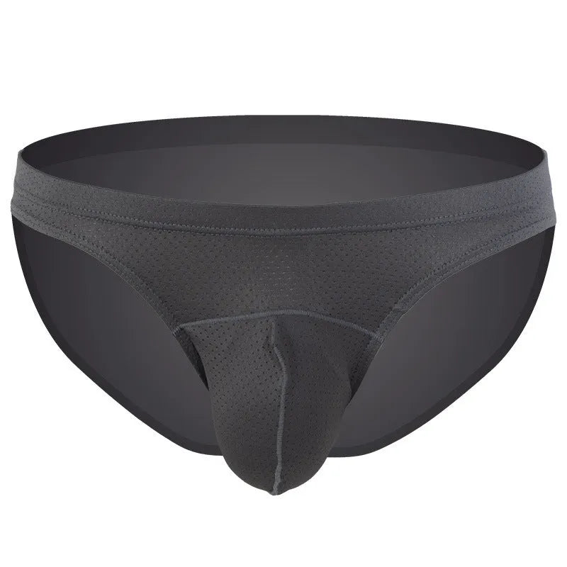 Men's transparent loose fit nylon underwear shown in available colours.