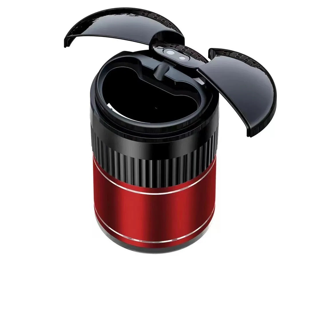 Smart infrared and touch control metal car ashtray in black, 113mm by 72mm, with lid closed
