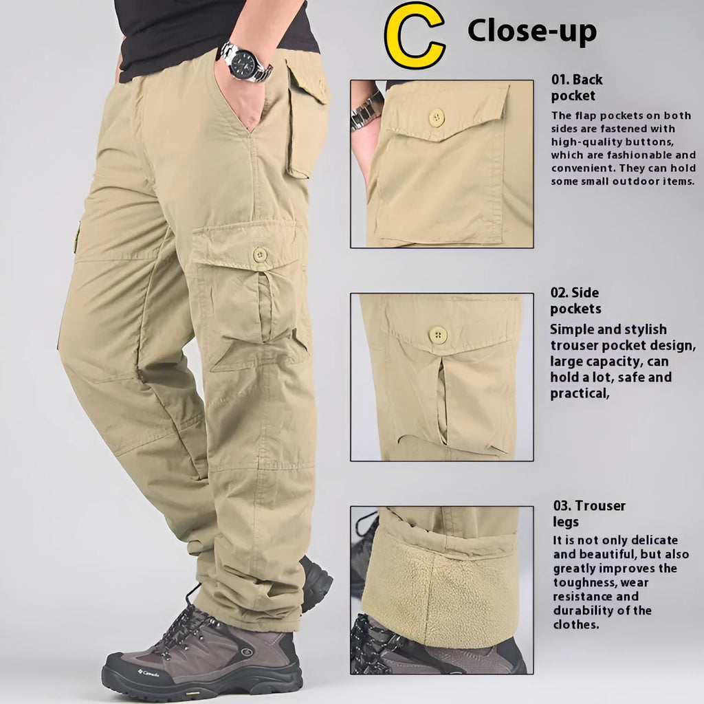 Men's stone-washed cotton overalls with thick padding and velvet lining in khaki colour.