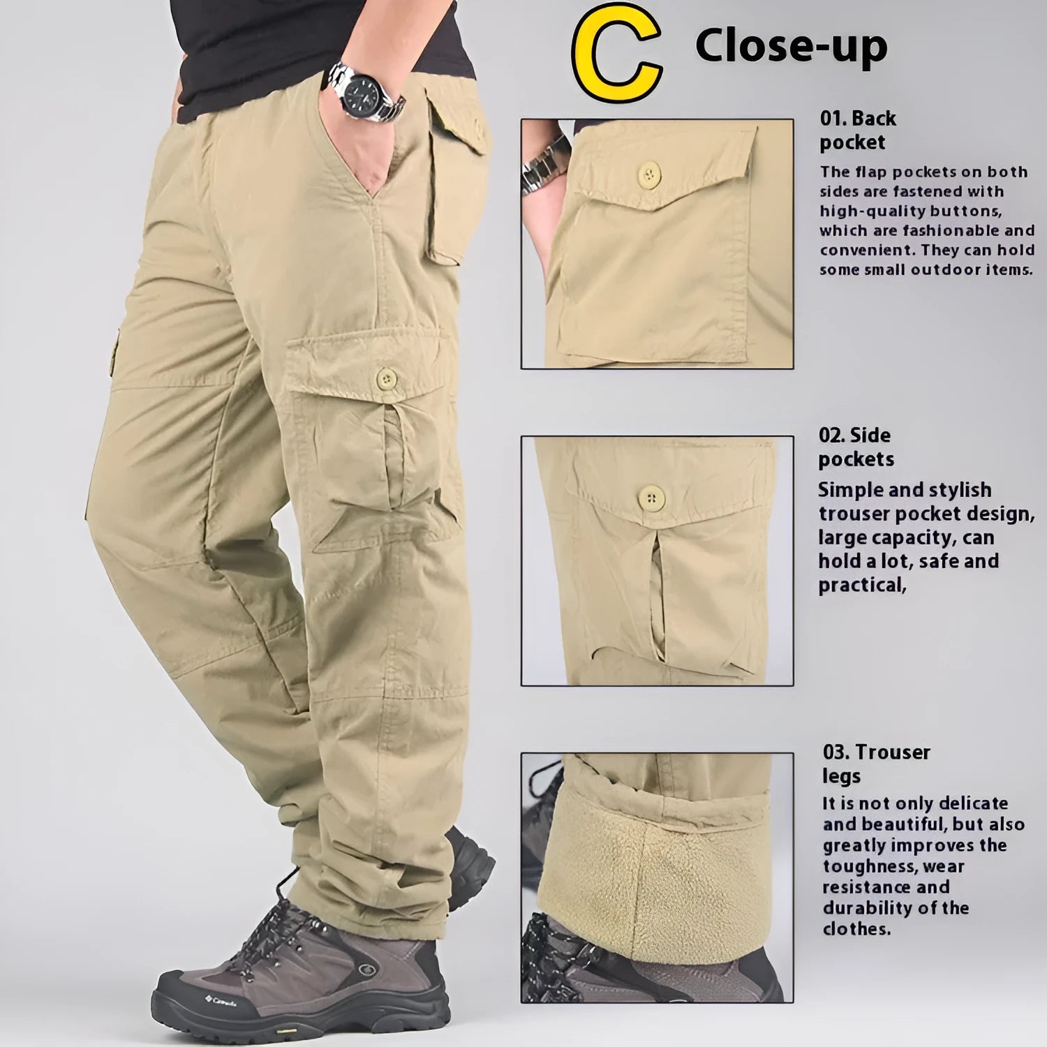 Men's stone-washed cotton overalls with thick padding and velvet lining in khaki colour.