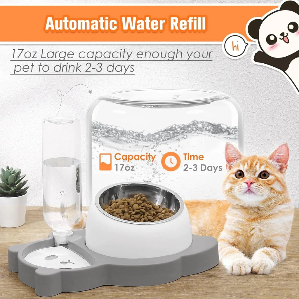 Grey panda-shaped elevated pet feeder with automatic water bottle and tilted food bowls