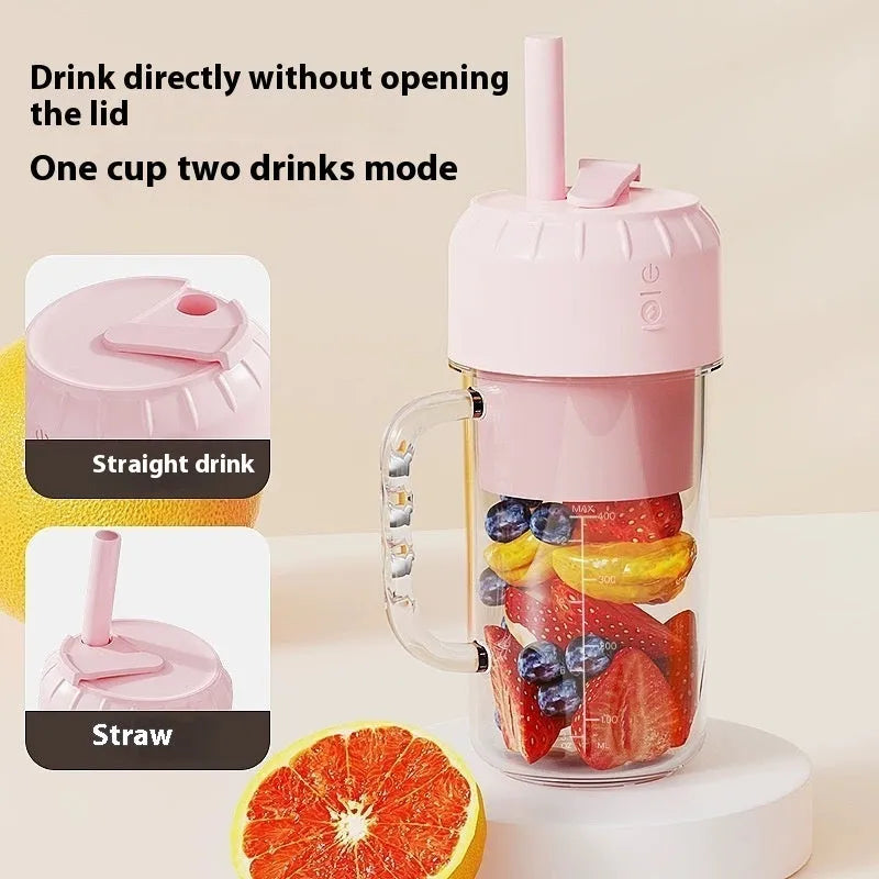 Portable USB mini juicer in avocado green or pink with multiple blade options on a countertop.