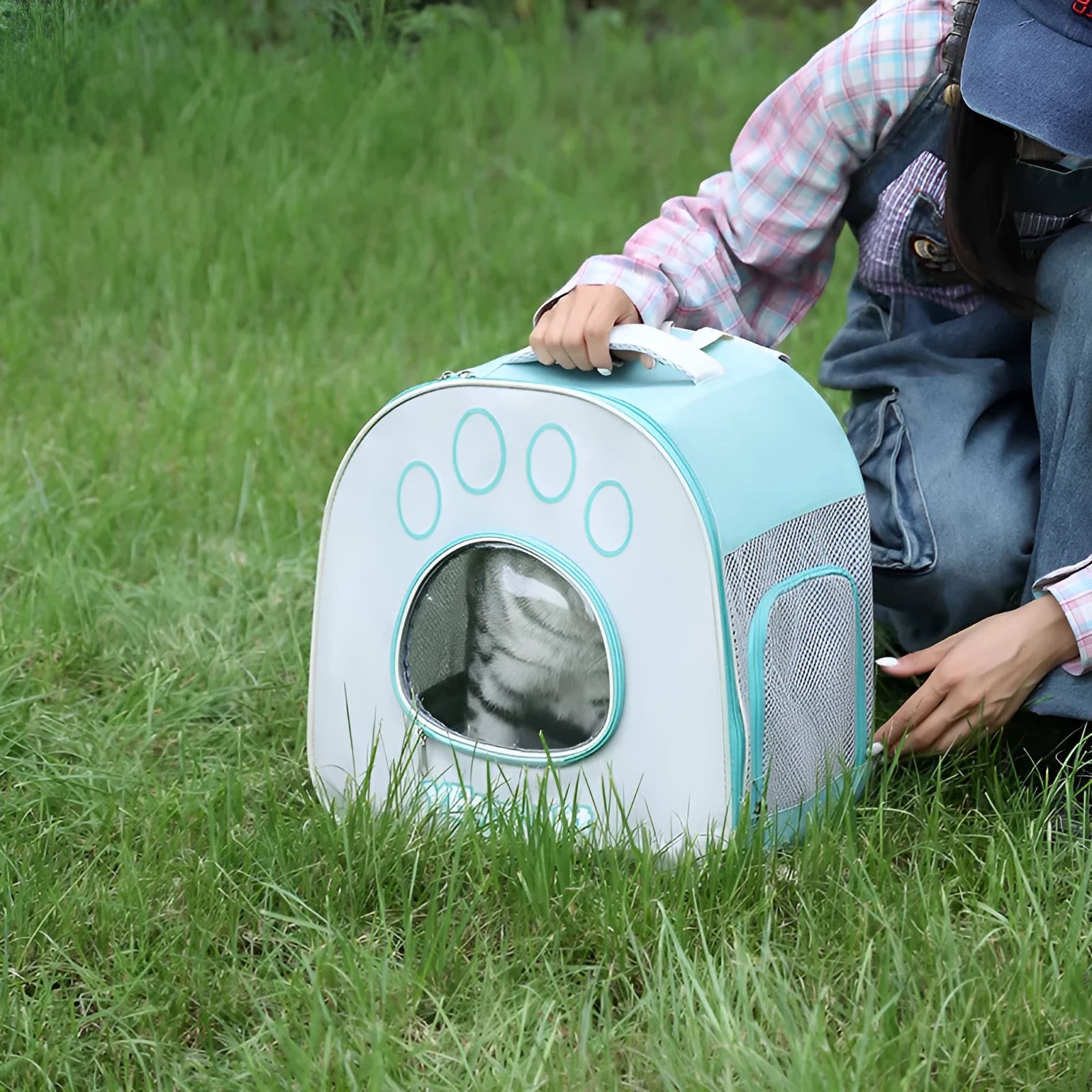 Outdoor portable double shoulder pet transparent bag in solid colour Oxford material for cats up to 7.5kg