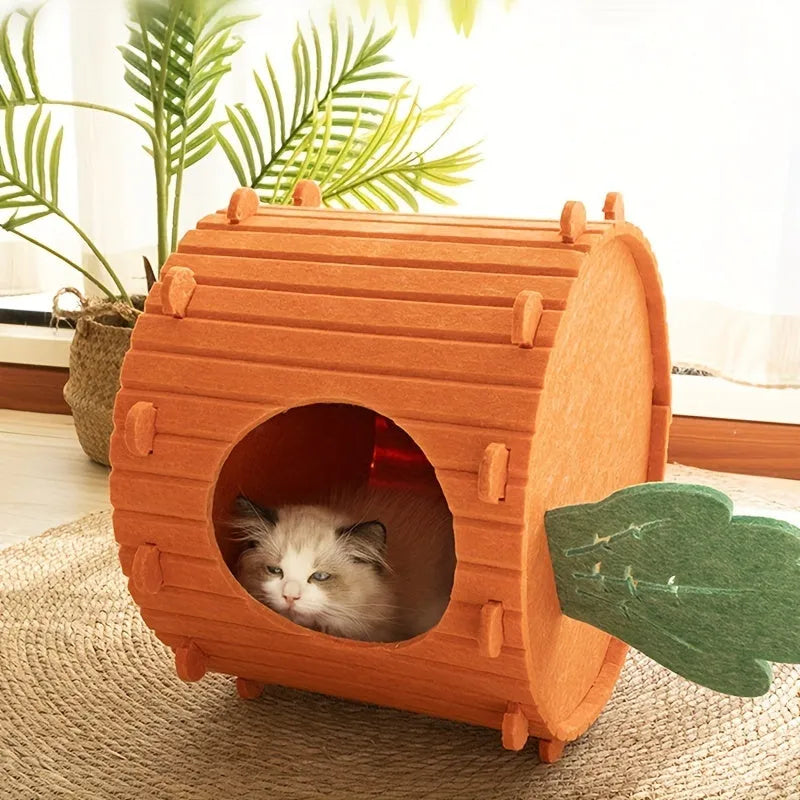Carrot-shaped grey felt cat tunnel bed with one entrance hole, shown in medium and large sizes.