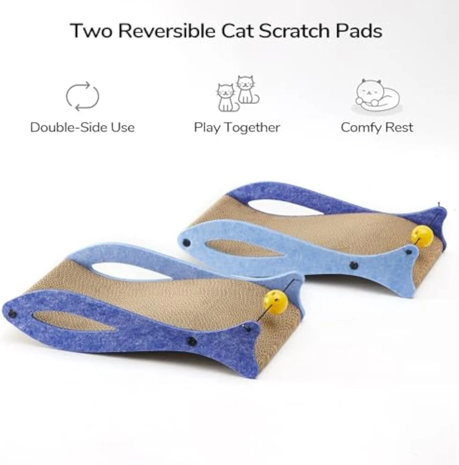Blue fish-shaped corrugated cardboard cat scratcher lounge with a dangling bell ball toy.