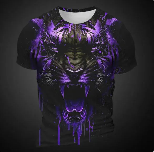 Men's grey t-shirt featuring a large, realistic 3D tiger head print on the chest.
