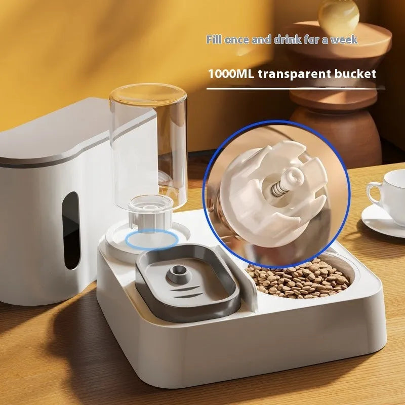 Grey automatic cat feeder with integrated water dispenser and double bowl design