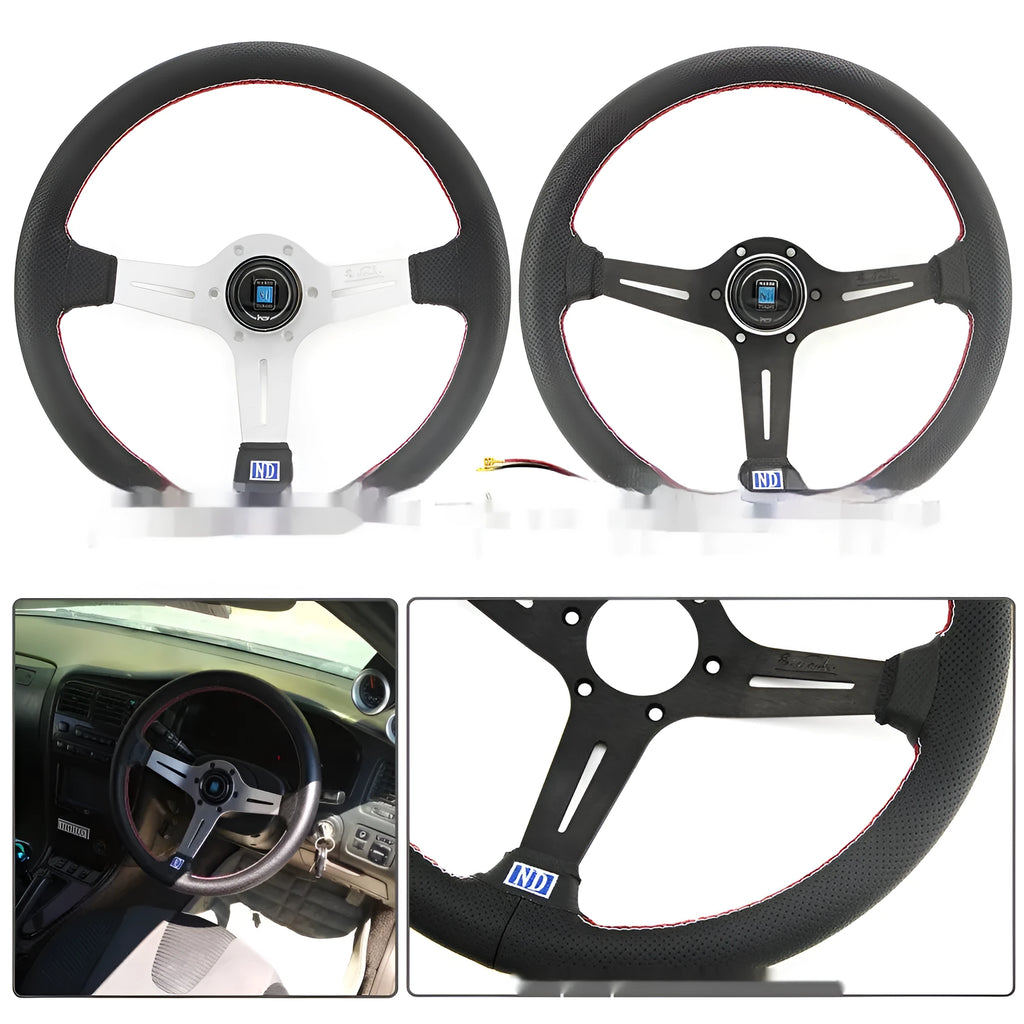 14-inch leather automotive steering wheel with concave centre design showing black skeleton construction